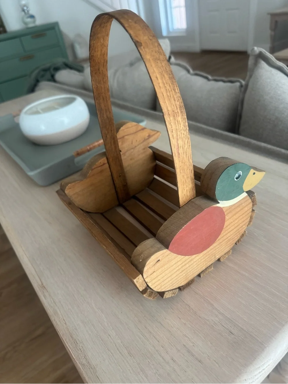 Vintage Handcrafted Wooden Duck Basket - Brown with Red & Green Accents